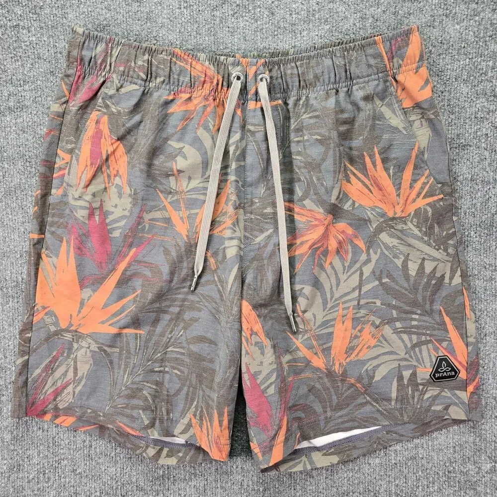 Prana Metric E-Waist Board Shorts Mens Large 32x8 Drawstring Swim Trunks Beach